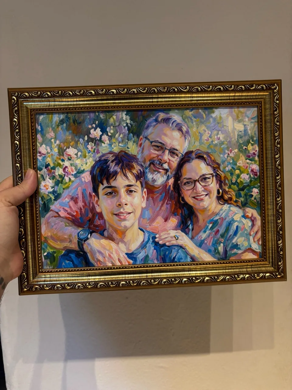 A família em arte estilo óleo, emoldurada