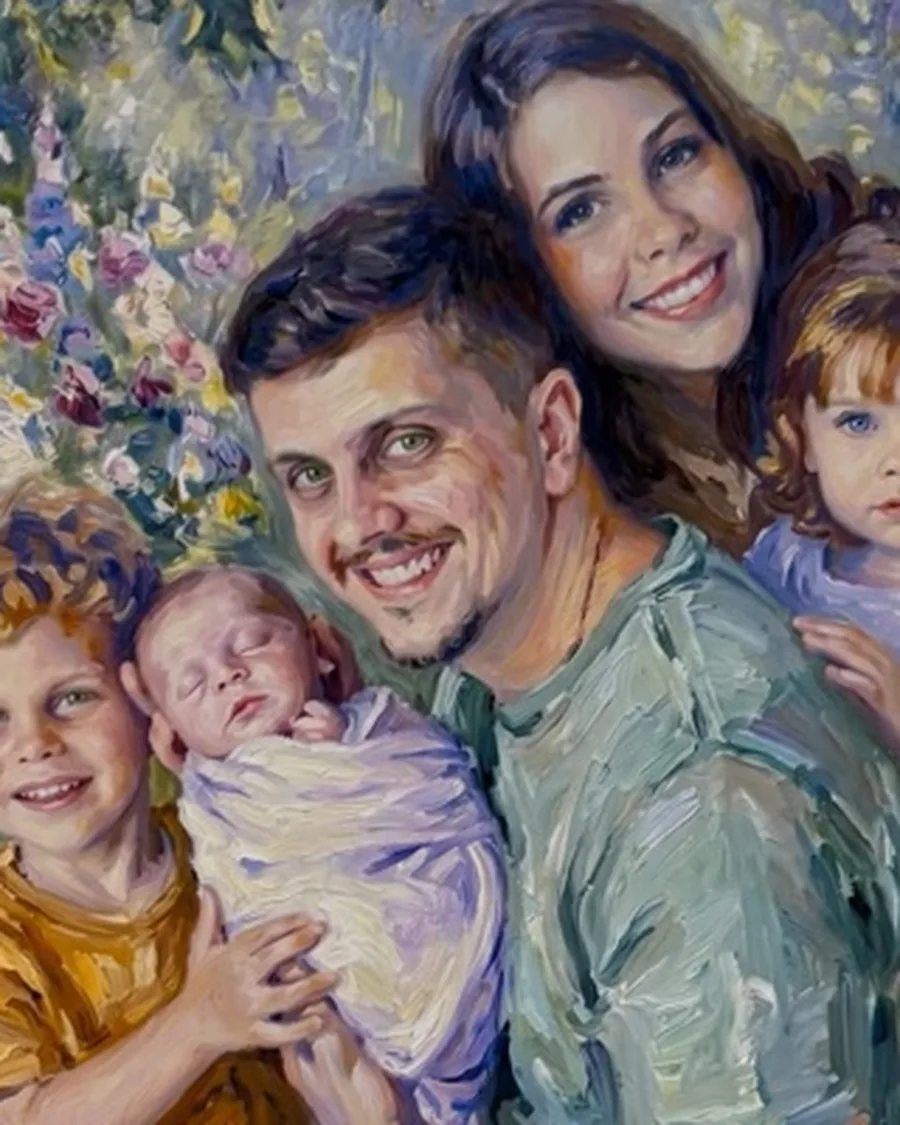 Retrato a óleo de uma família com os filhos num jardim florido