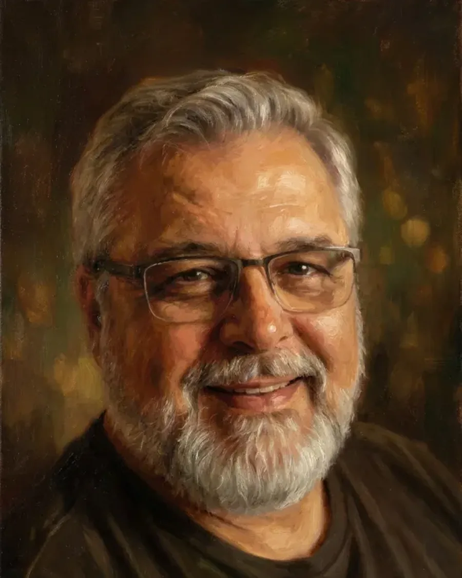 Retrato a óleo de um pai, pintura em impasto sobre fundo escuro