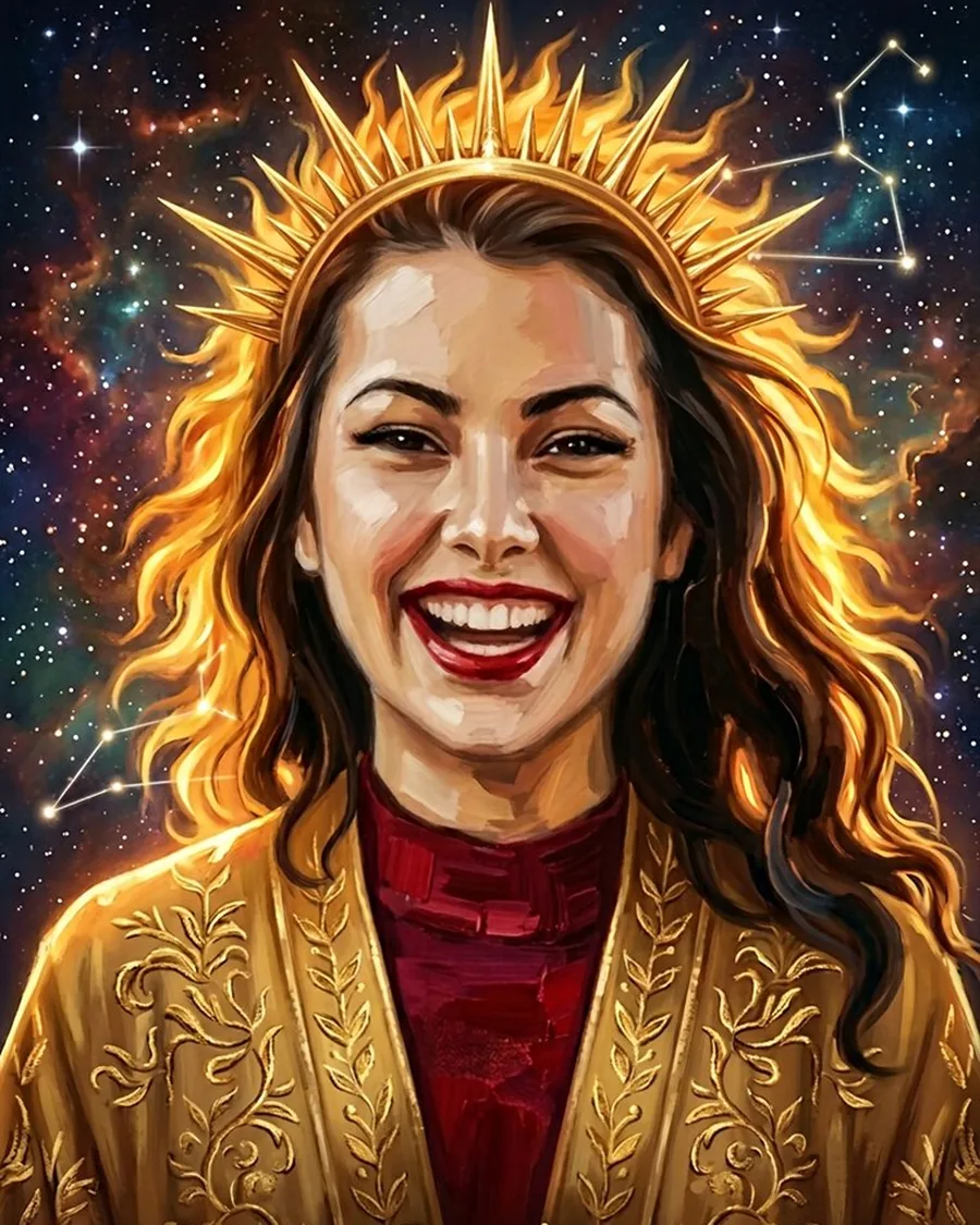 Retrato astral de uma mulher coroada de sol representando o signo de Leão